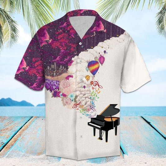 Piano Under Purple Galaxy With Hot Air Balloons Hawaiian Shirt, Hawaiian Shirt Gift, Christmas Gift