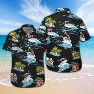 Funny Ferret And Santa Men Surfing Hawaiian Shirt,Hawaiian Shirt Gift, Christmas Gift