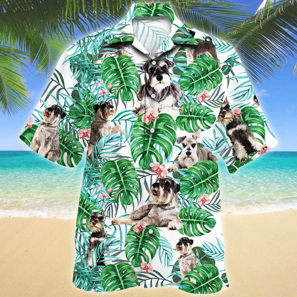 Miniature Schnauzer Dog Tropical Plant Montera Leaves Pattern Hawaiian Shirt, Hawaiian Shirt Gift, Christmas Gift