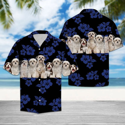 Awesome Shih Tzu Tropical Hibiscus On Black Pattern Hawaiian Shirt, Hawaiian Shirt Gift, Christmas Gift