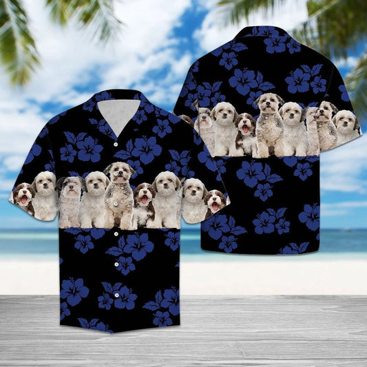 Awesome Shih Tzu Tropical Hibiscus On Black Pattern Hawaiian Shirt, Hawaiian Shirt Gift, Christmas Gift