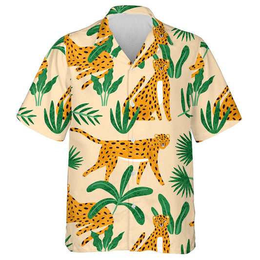 Hand Drawn Leopard With Tropical Plant Hawaiian Shirt, Hawaiian For Gift