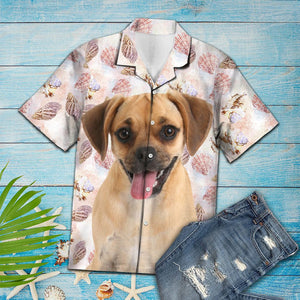 Seashells And Cute Puggle Dog Portrait Pattern Hawaiian Shirt, Hawaiian Shirt Gift, Christmas Gift