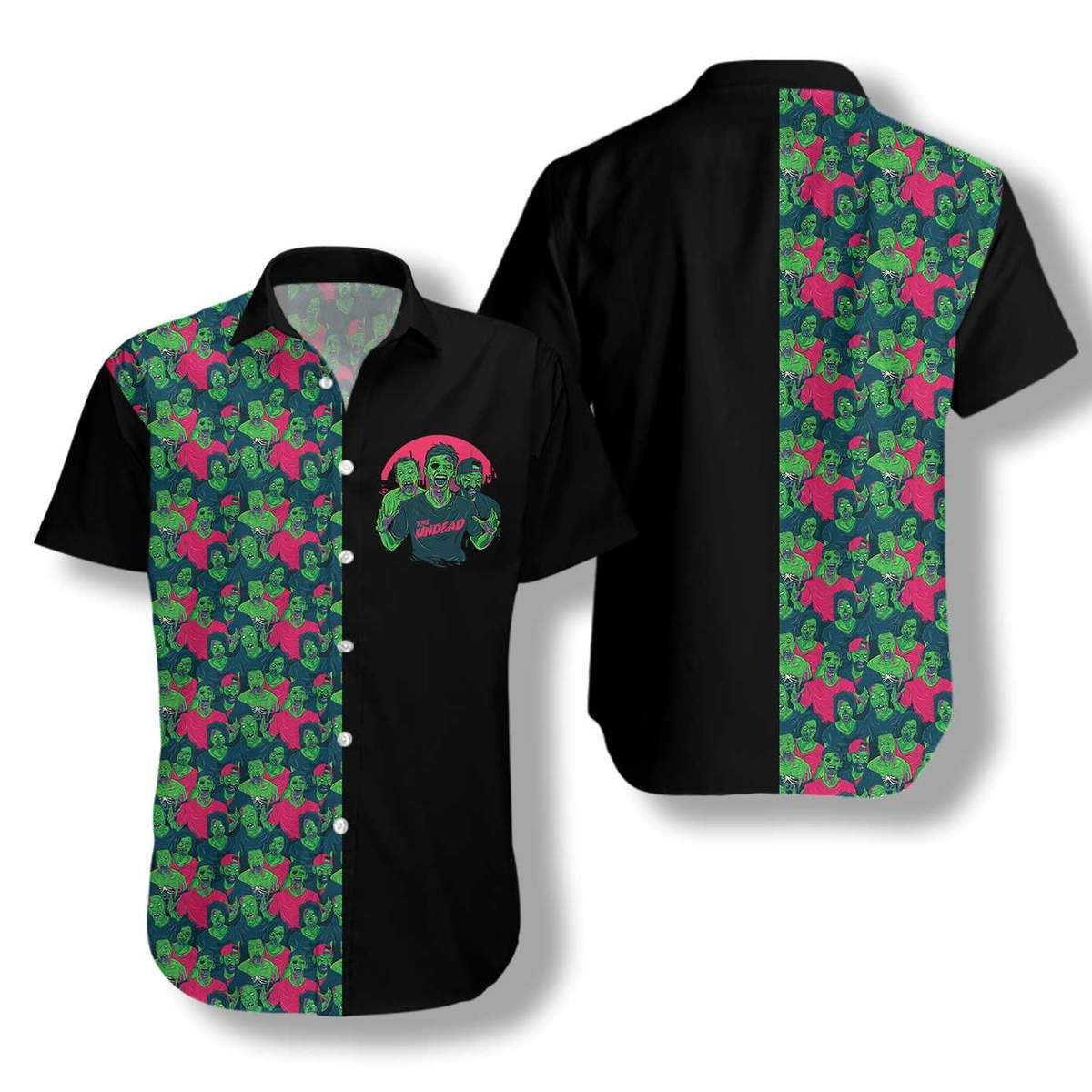 Illustration Hawaiian Shirt Black Halloween Zombie Walking, Hawaiian For Gift
