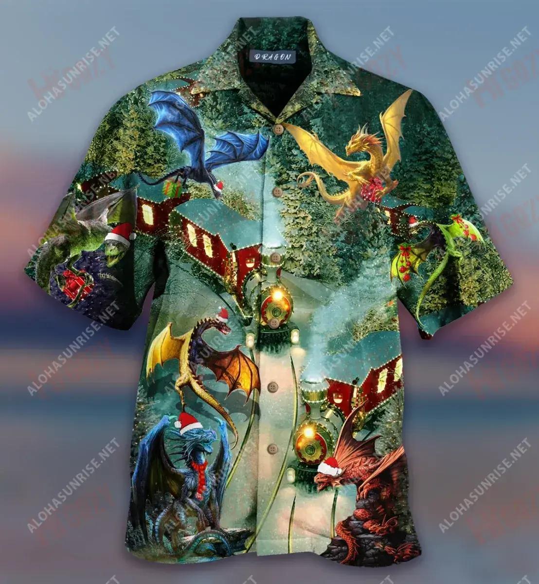 Dragons Christmas Train Short Hawaiian Shirt Ocean Tropical Shirts Best Hawaiian Shirts Hawaiian Shirts For Women, Hawaiian Shirt Gift, Christmas Gift