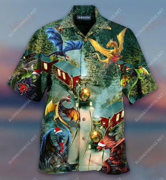 Dragons Christmas Train Short Hawaiian Shirt Ocean Tropical Shirts Best Hawaiian Shirts Hawaiian Shirts For Women, Hawaiian Shirt Gift, Christmas Gift