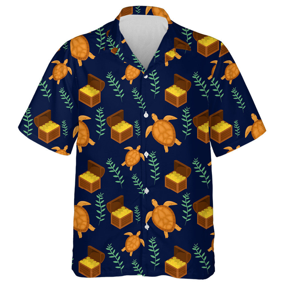 Sea Turtles And Treasure Chest On Dark Blue Background Hawaiian Shirt, Hawaiian Shirt Gift, Christmas Gift