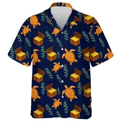 Sea Turtles And Treasure Chest On Dark Blue Background Hawaiian Shirt, Hawaiian Shirt Gift, Christmas Gift