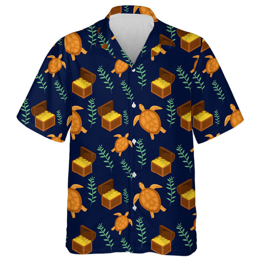 Sea Turtles And Treasure Chest On Dark Blue Background Hawaiian Shirt, Hawaiian Shirt Gift, Christmas Gift