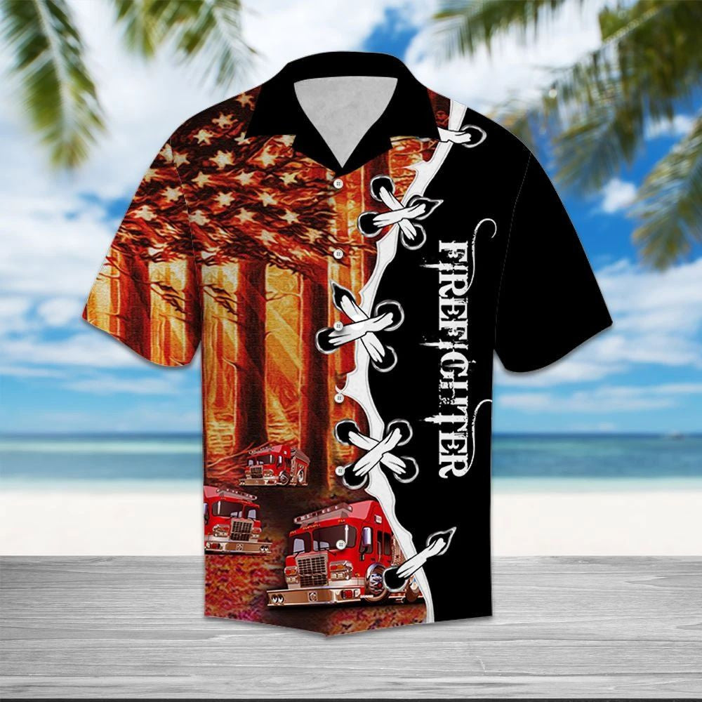 Best Gift For Firefighter Usa Flag Forest Pattern Hawaiian Shirt, Hawaiian Shirt Gift, Christmas Gift