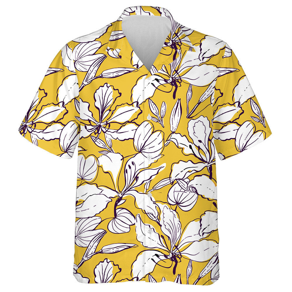 Hand Drawn Hawaiian Style Orchid Tree Flowers And Leaves Pattern Hawaiian Shirt, Hawaiian For Gift