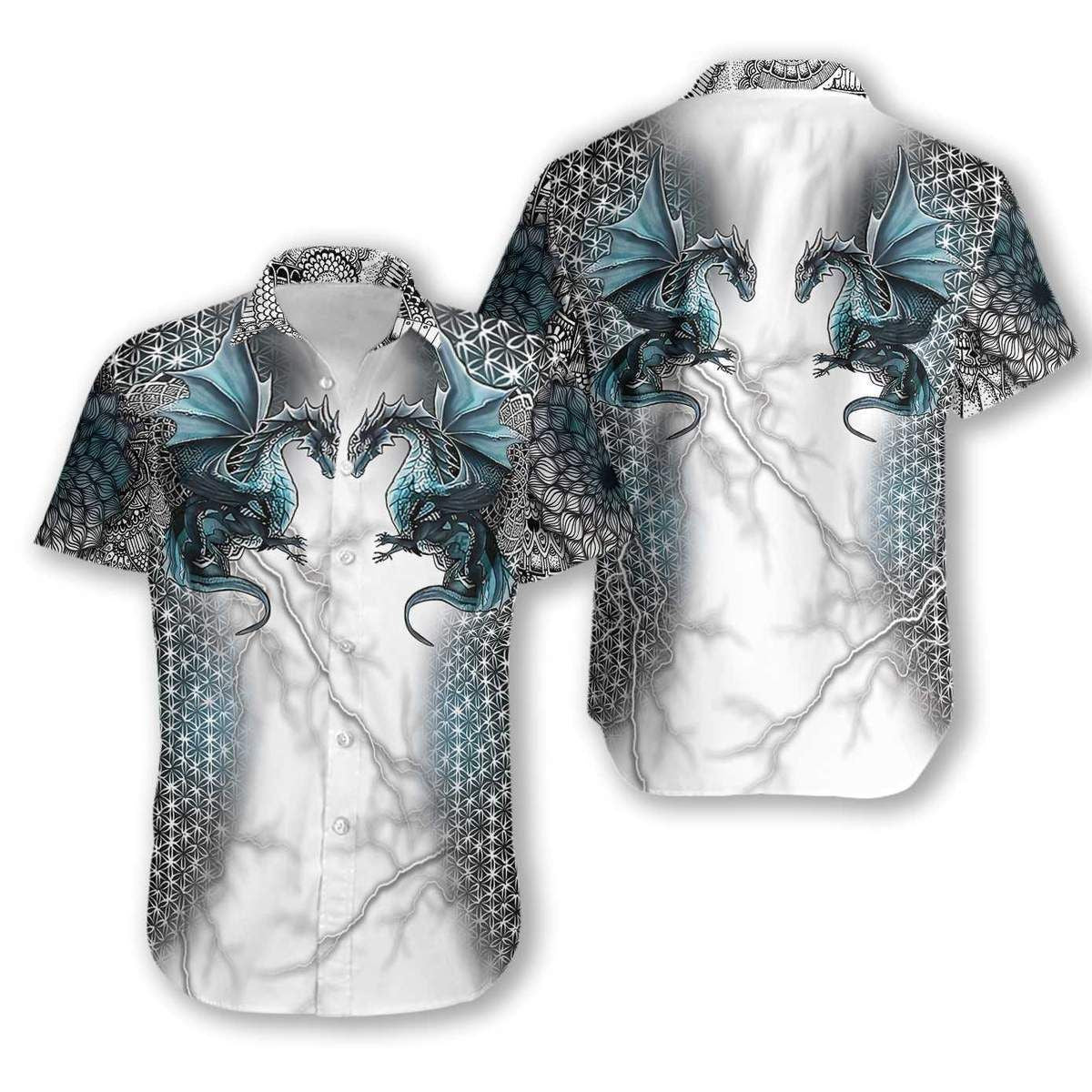Blue Dragons With Tattoo Art Design Hawaiian Shirt, Hawaiian For Gift
