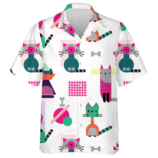 Cartoon Style Abstract Cat Geometric Animal Shape Hawaiian Shirt, Hawaiian Shirt Gift, Christmas Gift