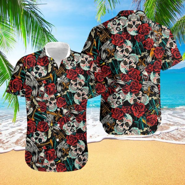 Sugar Skull Red Flower Hawaiian Shirt  Crazy Funny Hawaiian Shirt  Vintage Hawaiian Shirt, Hawaiian Shirt Gift, Christmas Gift