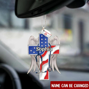 Personalized Flat Car Hanging Ornament Nurse Cross Us Flag, Car Mirror Decor For Nurse, Christmas Decoration