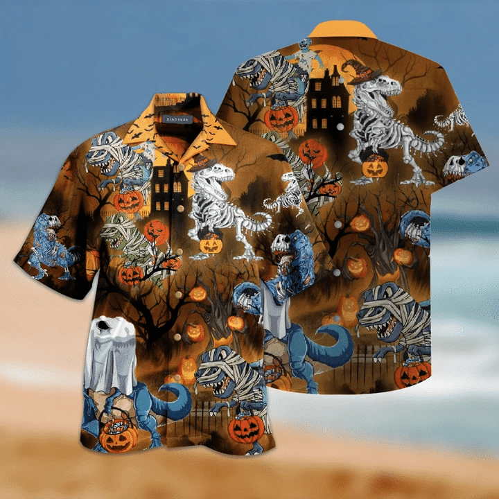 Halloween Zombie Dinosaur In City Dramatic Hawaiian Shirt, Hawaiian For Gift