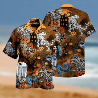Halloween Zombie Dinosaur In City Dramatic Hawaiian Shirt, Hawaiian For Gift