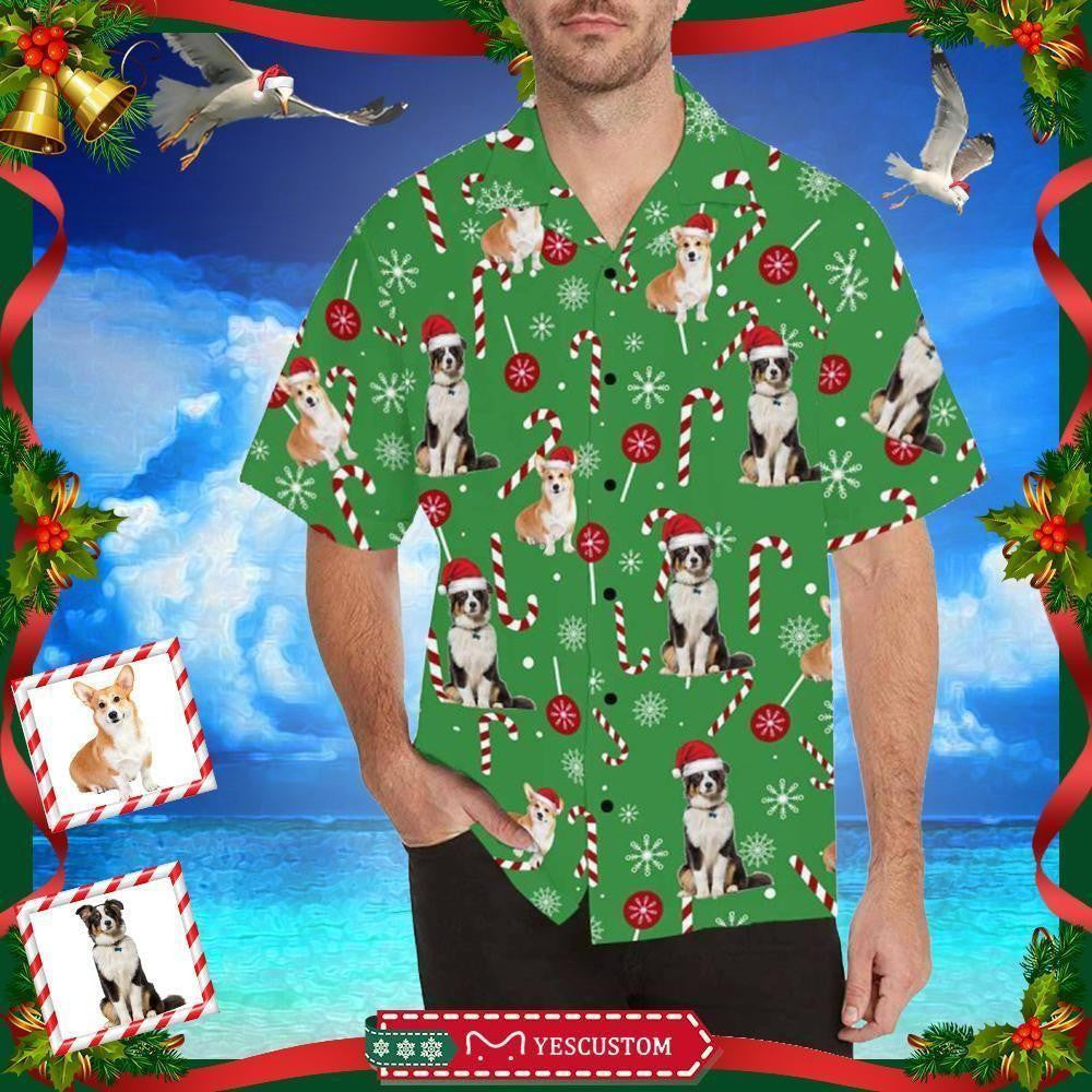 Custom Photo Cute Dog And Candy Cane Merry Christmas Green Hawaiian Shirt, Hawaiian Shirt, Christmas Gift