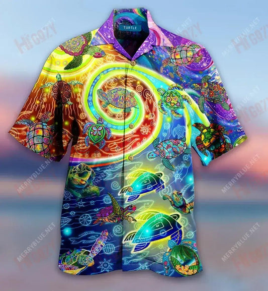 Hippie Turtles Colorful Waves Short Hawaiian Shirt Hobbies Short Sleeve Tactical Hawaiian Shirt Hawaiian Shirt Pattern, Hawaiian Shirt Gift, Christmas Gift