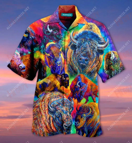 Colorful Bisons Unisex Hawaiian Shirt Hobbies Short Sleeve Hawaiian Crazy Shirts Hawaiian Shirts For Men, Hawaiian Shirt Gift, Christmas Gift