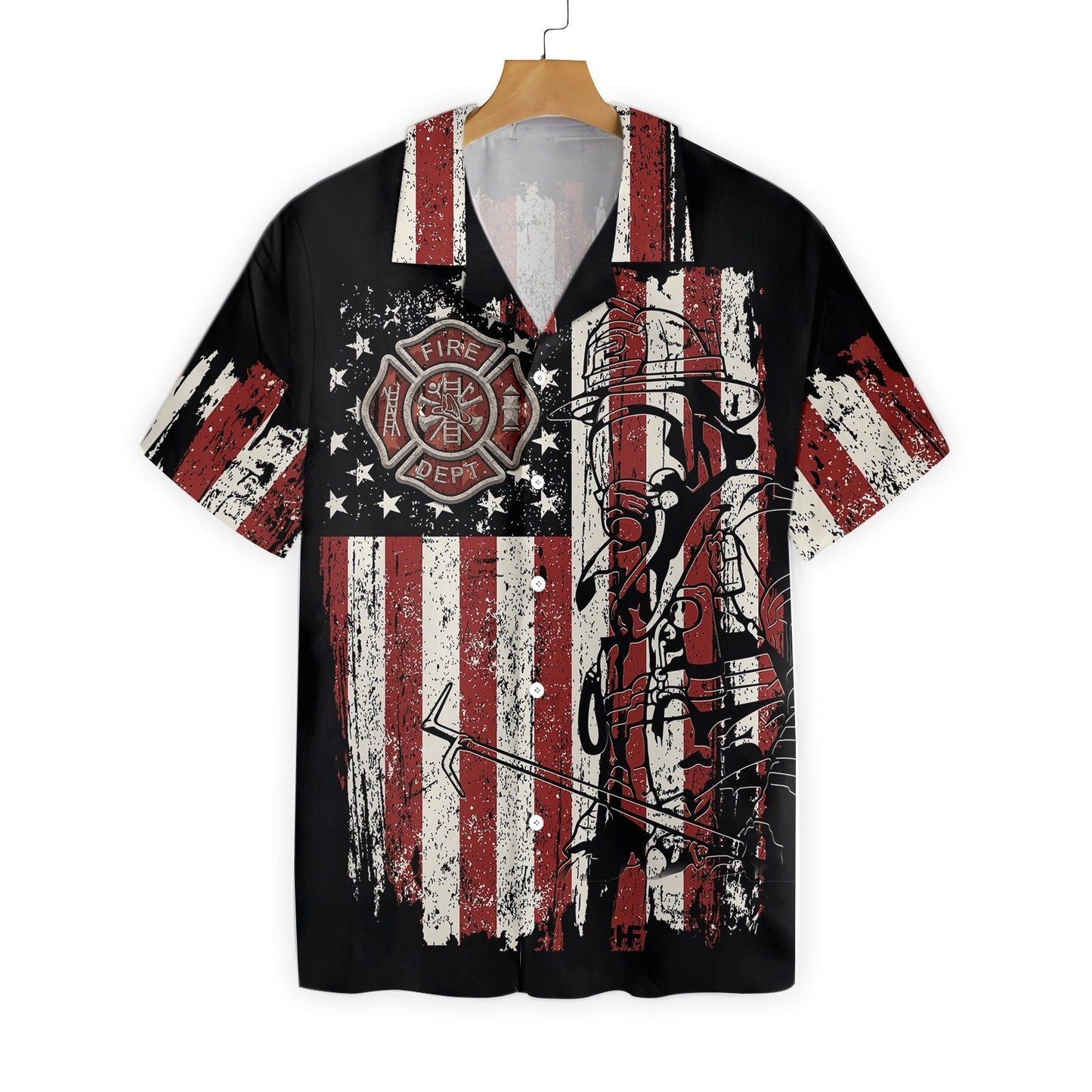 American Flag With Firefighter Logo Vintage Hawaiian Aloha Shirt Hawaiian Shorts Beach Short Sleeve, Hawaiian Shirt Gift, Christmas Gift