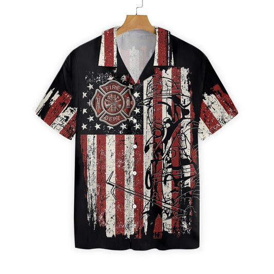 American Flag With Firefighter Logo Vintage Hawaiian Aloha Shirt Hawaiian Shorts Beach Short Sleeve, Hawaiian Shirt Gift, Christmas Gift