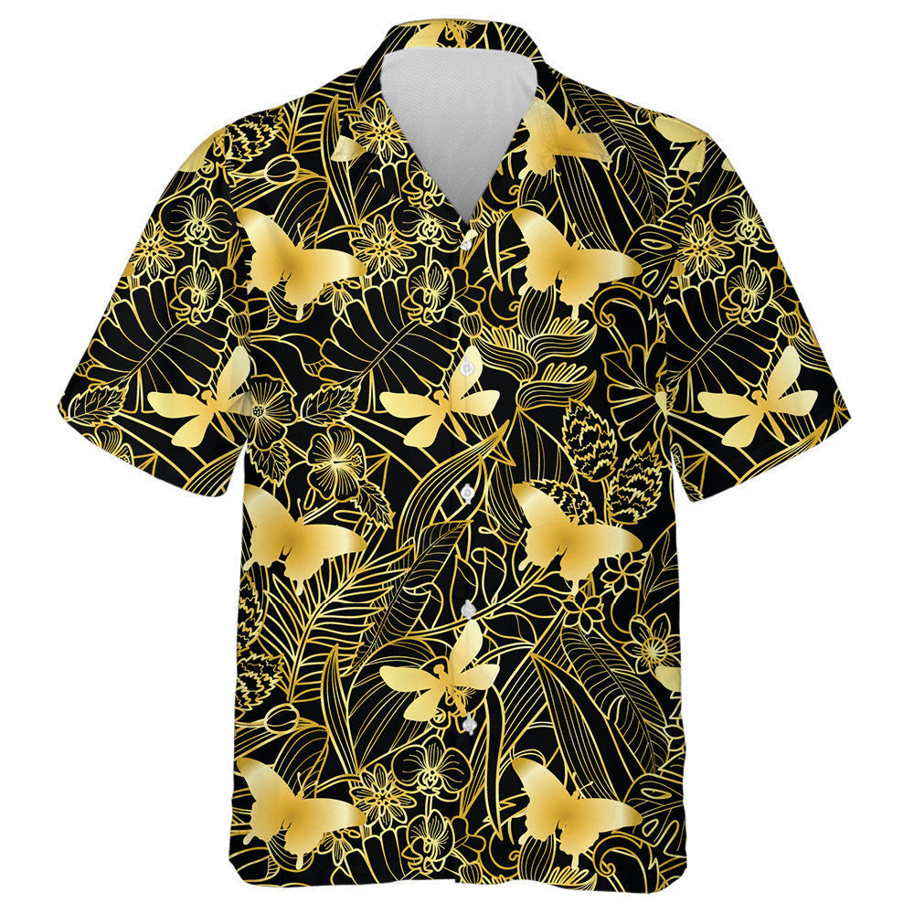 Golden Butterfly And Tropical Flowers Plants Hawaiian Shirt,Hawaiian Shirt Gift, Christmas Gift