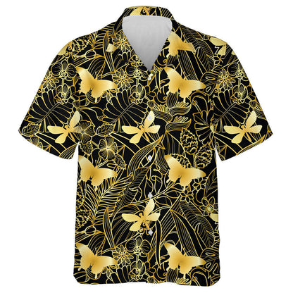 Golden Butterfly And Tropical Flowers Plants Hawaiian Shirt,Hawaiian Shirt Gift, Christmas Gift