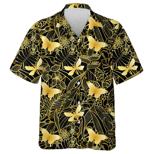 Golden Butterfly And Tropical Flowers Plants Hawaiian Shirt,Hawaiian Shirt Gift, Christmas Gift