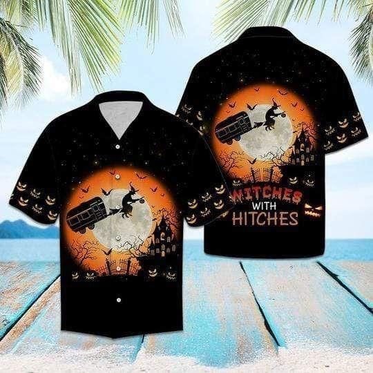 Black Witches With Hitches Halloween Dramatic Hawaiian Shirt, Hawaiian For Gift