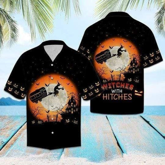 Black Witches With Hitches Halloween Dramatic Hawaiian Shirt, Hawaiian For Gift