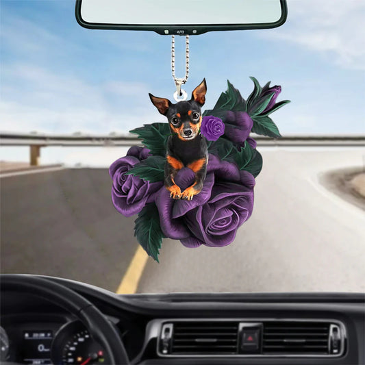 Miniature Pinscher In Purple Rose Car Hanging Ornament, Christmas Decoration