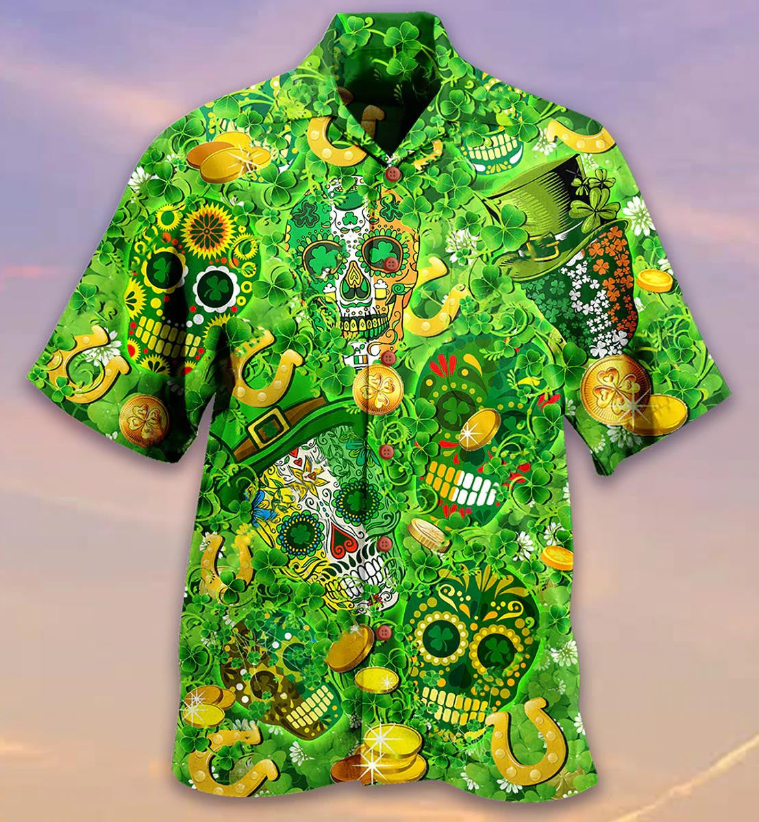 Irish Love Skull Happy And Gold Hawaiian Shirt, Hawaiian For Gift
