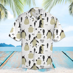 Amazing Penguin Group With Fish Illustration Hawaiian Shirt, Hawaiian For Gift