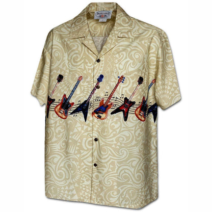 Rockin' Guitar Khaki Hawaiian Aloha Shirt Hawaiian Shorts Beach Short Sleeve, Hawaiian Shirt Gift, Christmas Gift