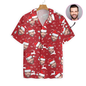 Red Theme White Deers And Snowflakes Custom Photo Hawaiian Shirt, Hawaiian Shirt Gift, Christmas Gift