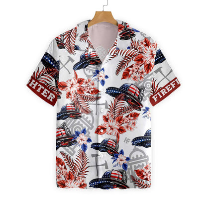 American Flag Helmet Firefighter Seamless Pattern Design Hawaiian Shirt, Hawaiian Shirt Gift, Christmas Gift