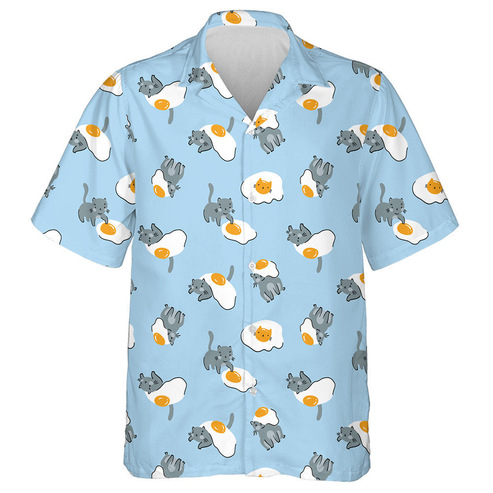 Cute Cat And Fried Eggs On Blue Background Hawaiian Shirt, Hawaiian Shirt Gift, Christmas Gift