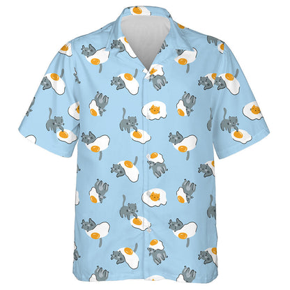Cute Cat And Fried Eggs On Blue Background Hawaiian Shirt, Hawaiian Shirt Gift, Christmas Gift