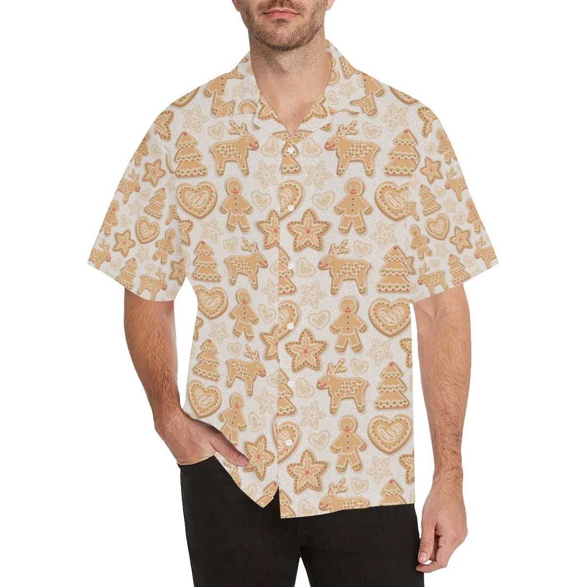 Christmas Ginger Cookie Pattern Men's All Over Print Hawaiian Aloha Shirt Hawaiian Shorts Beach Short Sleeve_Hawaiian Shirt Gift, Christmas Gift