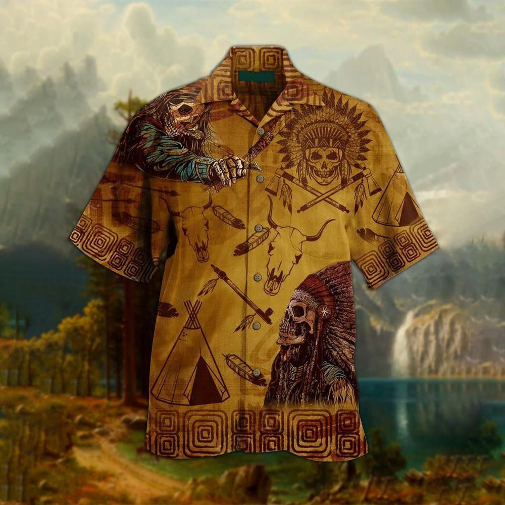 Vintage Native Skull And Deer Pattern Hawaiian Shirt, Hwaiian For Gift