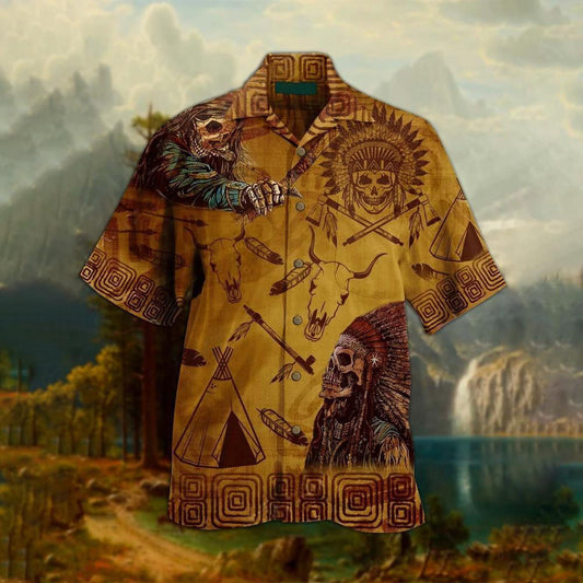 Vintage Native Skull And Deer Pattern Hawaiian Shirt, Hwaiian For Gift