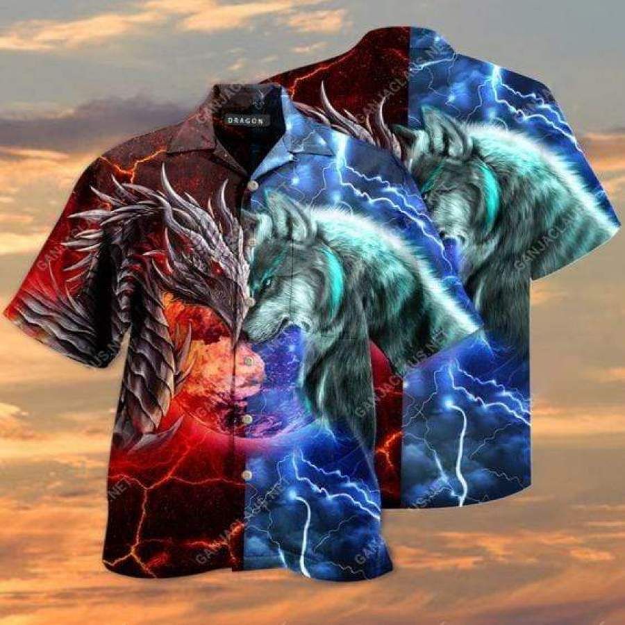 Hawaiian Aloha Aloha Shirts Dragon And Wolf Hawaiian Shorts Beach Short Sleeve, Hawaiian Shirt Gift, Christmas Gift