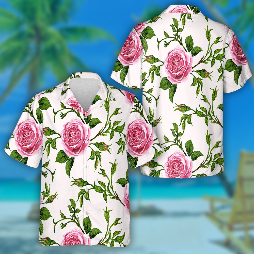 Japanese Rose Branches On White Cream Background Design Hawaiian Shirt , Hawaiian Shirt Gift, Christmas Gift