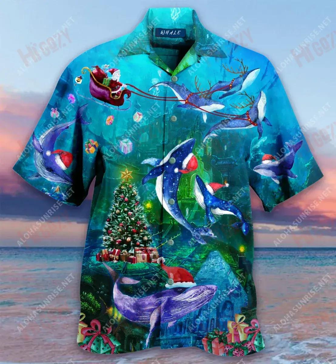 Chirstmas Whales Under The Sea Short Hawaiian Shirt Vacation Aloha Shirt Custom Hawaiian Shirts Hawaiian Shirts For Men, Hawaiian Shirt Gift, Christmas Gift