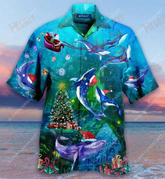 Chirstmas Whales Under The Sea Short Hawaiian Shirt Vacation Aloha Shirt Custom Hawaiian Shirts Hawaiian Shirts For Men, Hawaiian Shirt Gift, Christmas Gift