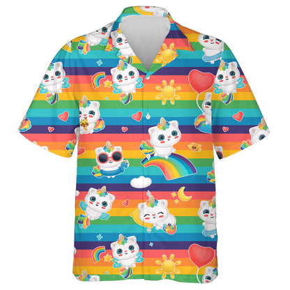 Fantasy Cat With Unicorn Horn On The Rainbow Background Hawaiian Shirt, Hawaiian Shirt Gift, Christmas Gift