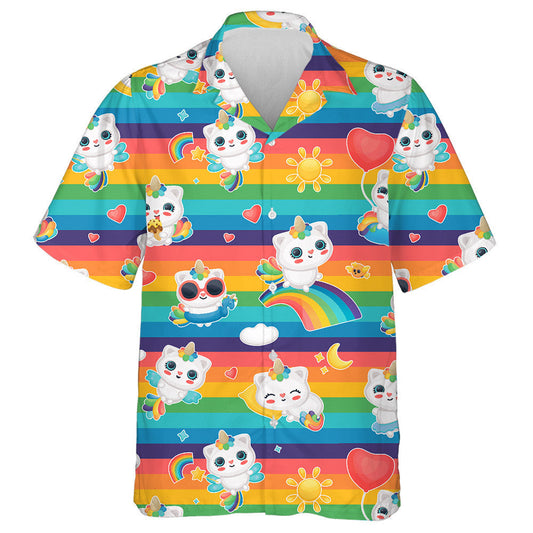 Fantasy Cat With Unicorn Horn On The Rainbow Background Hawaiian Shirt, Hawaiian Shirt Gift, Christmas Gift