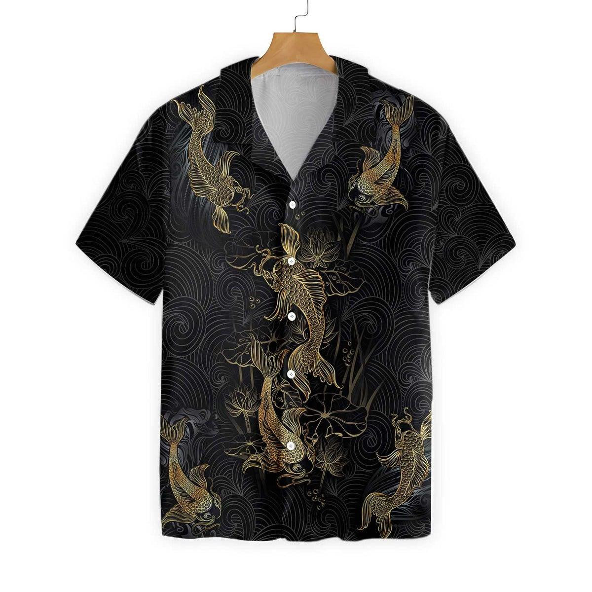 Attractive Golden Koi Fish On Waves Pattern Hawaiian Shirt, Hawaiian Shirt Gift, Christmas Gift