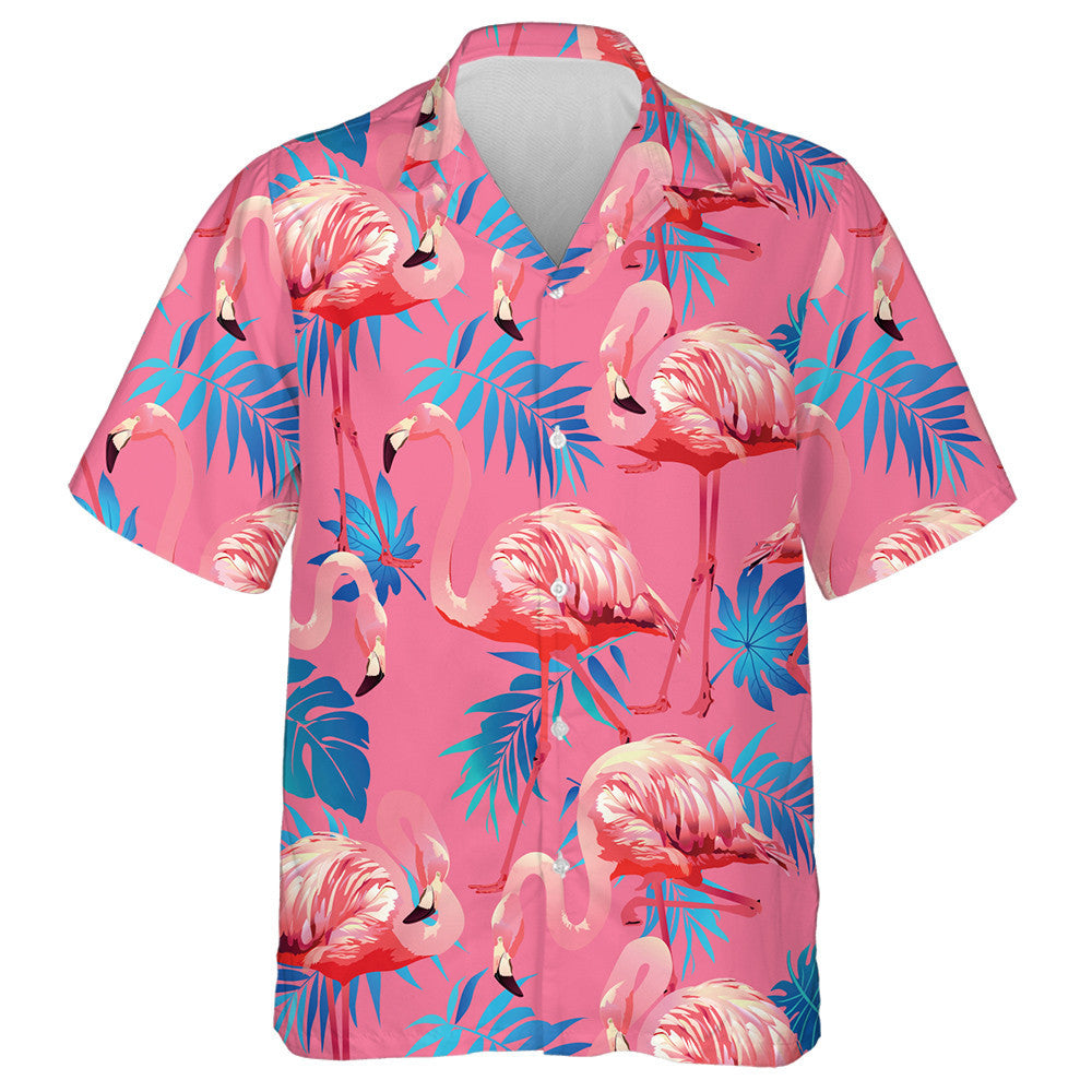 Rosa Flamingo mit blauen Aralia und Areca Blättern Hawaiihemd, Hawaiihemd Geschenk, Weihnachtsgeschenk